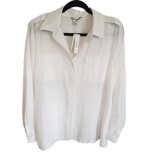 Banana Republic PL‎ Ivory Classic Button Up Blouse Semi Sheer Roll Tab Slv NWT